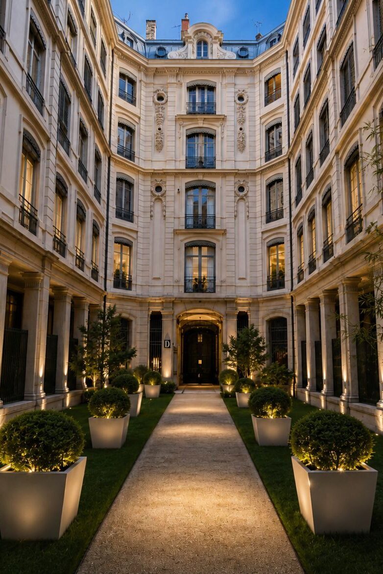 L'allée de la cour intérieure Core Group au crépuscule